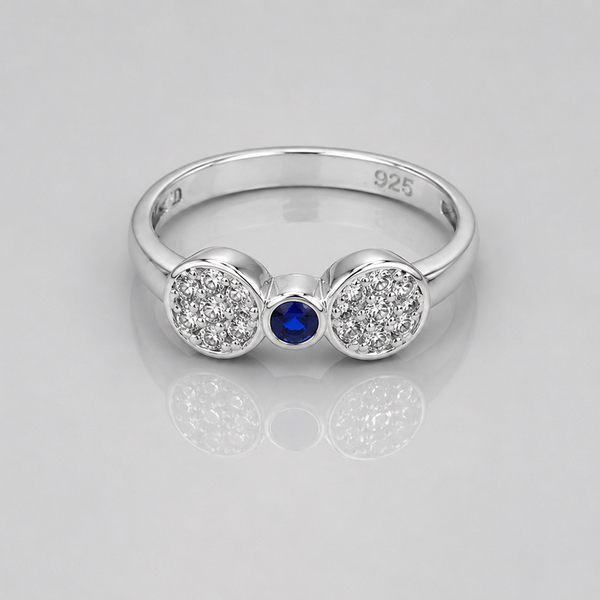 Silver Twin Pave Disc Blue Stone Ring