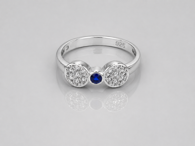 Silver Twin Pave Disc Blue Stone Ring