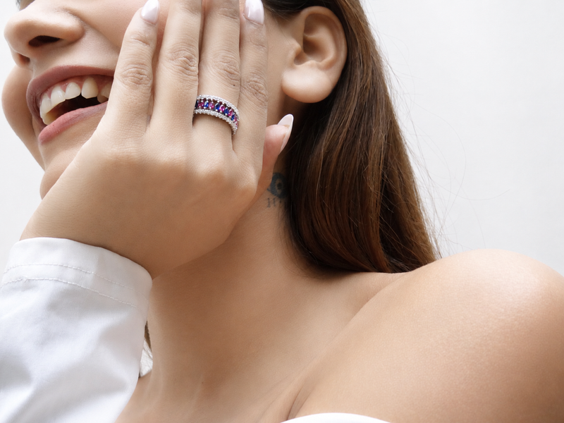 Silver Pink & Blue Marquise Wide Eternity Ring