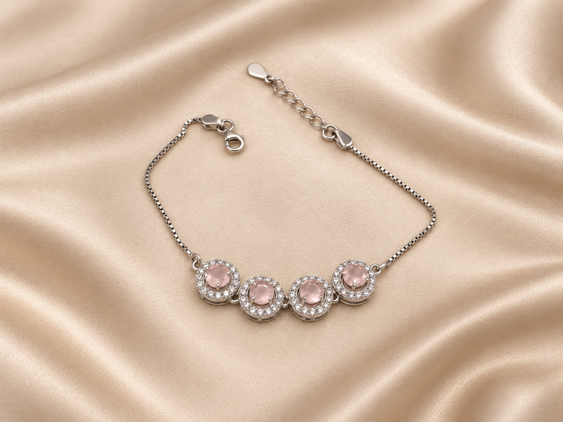 Silver Pink Round Halo Bracelet
