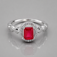 Silver Ruby Emerald-Cut Halo Heart Ring