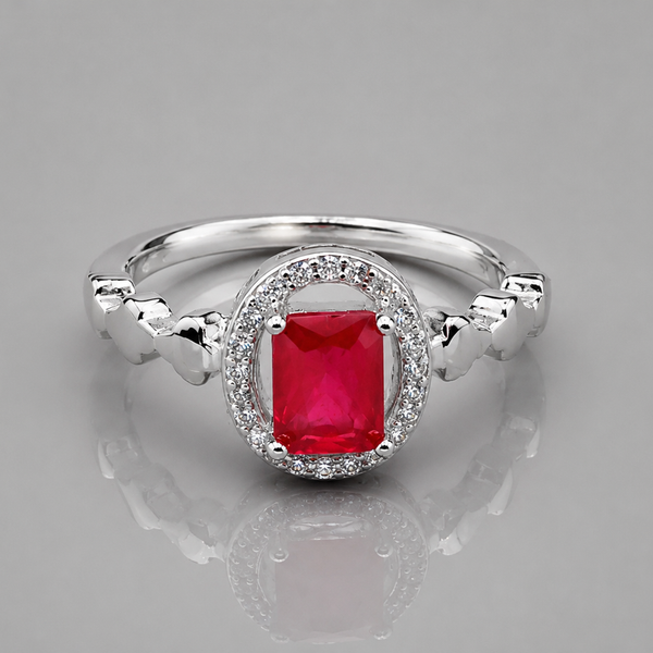 Silver Ruby Emerald-Cut Halo Heart Ring