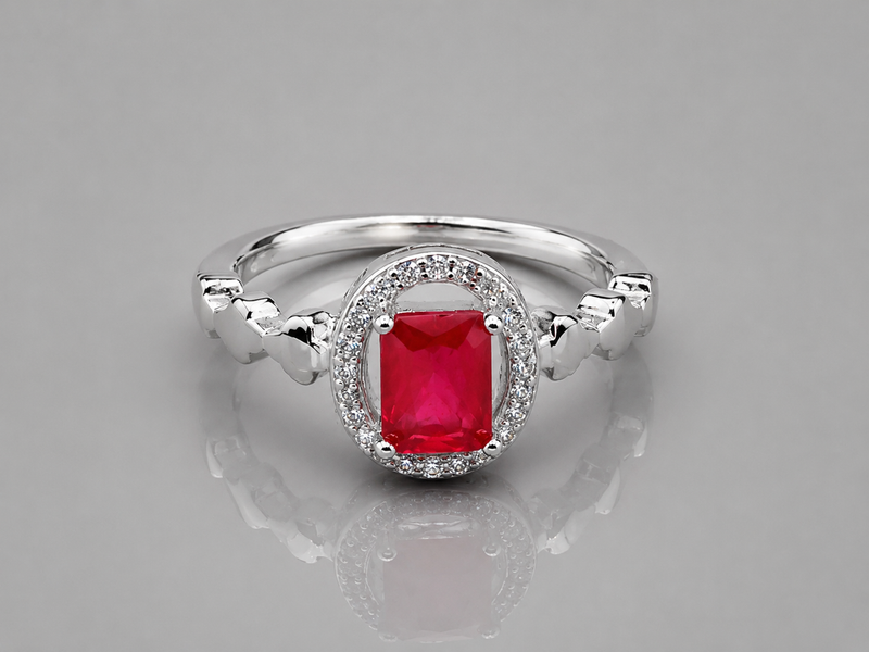 Silver Ruby Emerald-Cut Halo Heart Ring