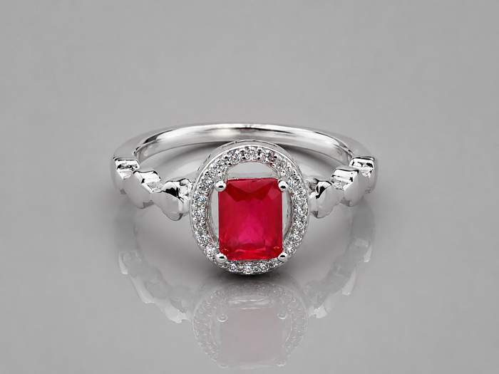 Silver Ruby Emerald-Cut Halo Heart Ring