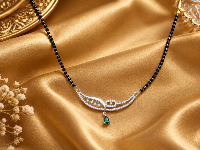 Silver CZ Crescent & Green Stone Mangalsutra