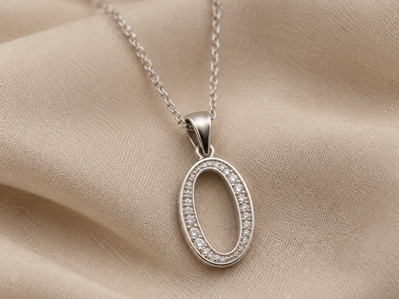 Silver Oval O Initial Pave Pendant
