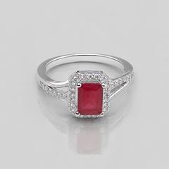 Silver Ruby Emerald-Cut Halo Split-Shank Ring