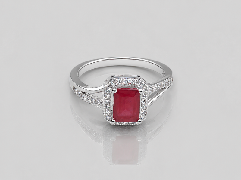 Silver Ruby Emerald-Cut Halo Split-Shank Ring
