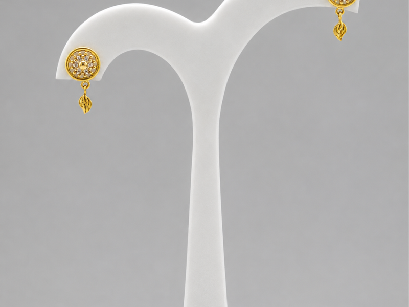 Golden CZ Disc & Leaf Drop Earrings