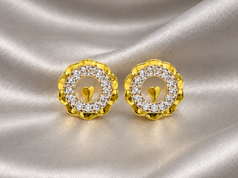 Two-Tone Golden Scalloped CZ Halo Studs
