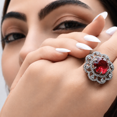 Silver Red Stone Scalloped Flower Halo Ring – view 2