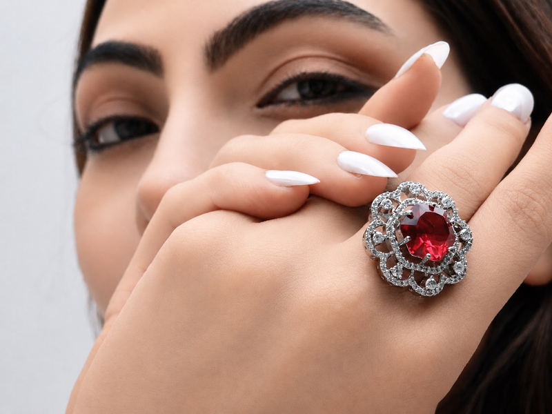 Silver Red Stone Scalloped Flower Halo Ring – view 2