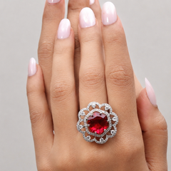 Silver Red Stone Scalloped Flower Halo Ring – view 3