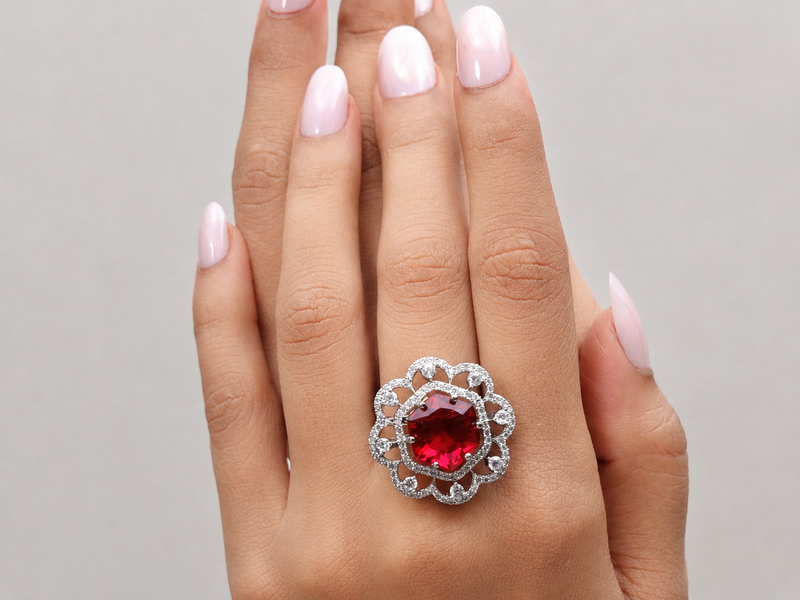 Silver Red Stone Scalloped Flower Halo Ring – view 3