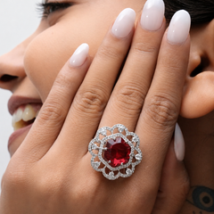 Silver Red Stone Scalloped Flower Halo Ring – view 4
