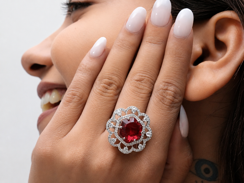Silver Red Stone Scalloped Flower Halo Ring – view 4