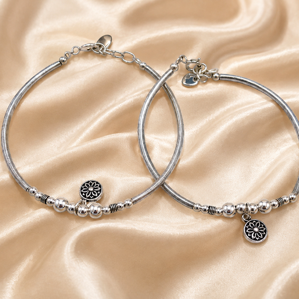 Oxidised Silver Mandala Charm Beaded Bracelet