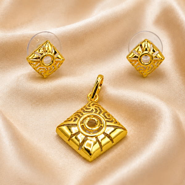 Golden Diamond Sunburst Pendant & Stud Set