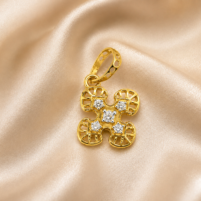 Golden Cross Flower Diamond-Cut CZ Pendant