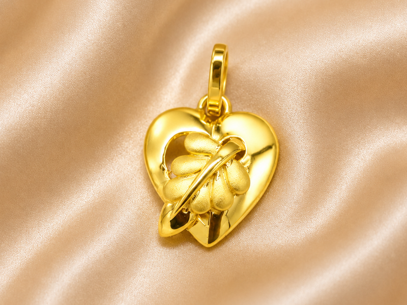 Golden Puffed Heart & Leaf Pendant