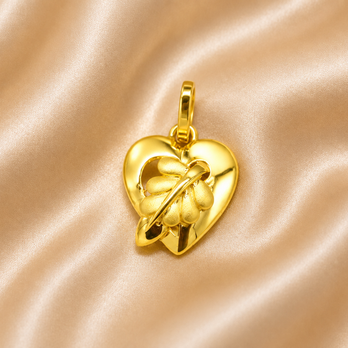 Golden Puffed Heart & Leaf Pendant