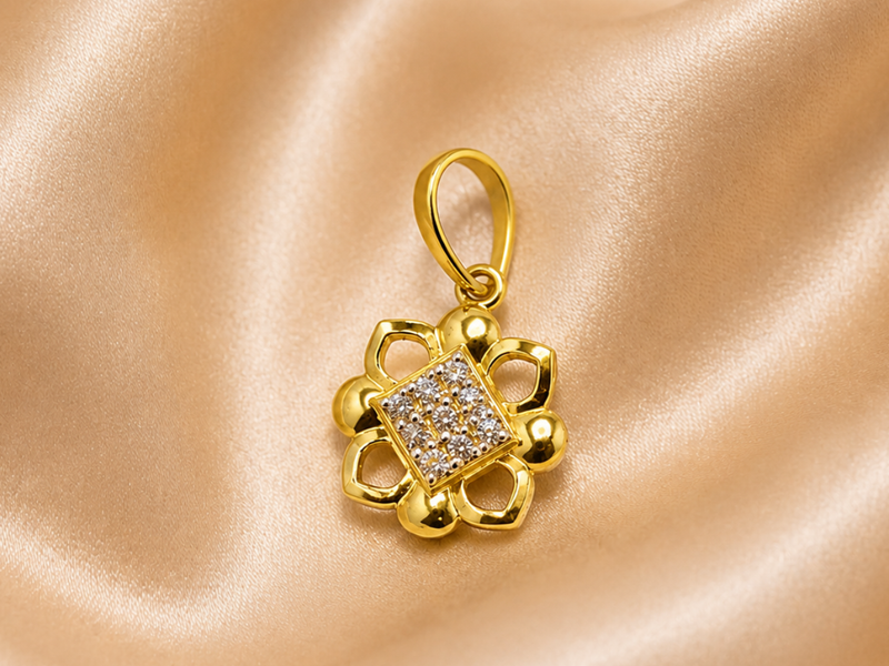 Golden Flower Frame CZ Square Pendant