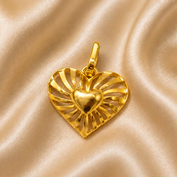 Golden Sunburst Puffed Heart Pendant