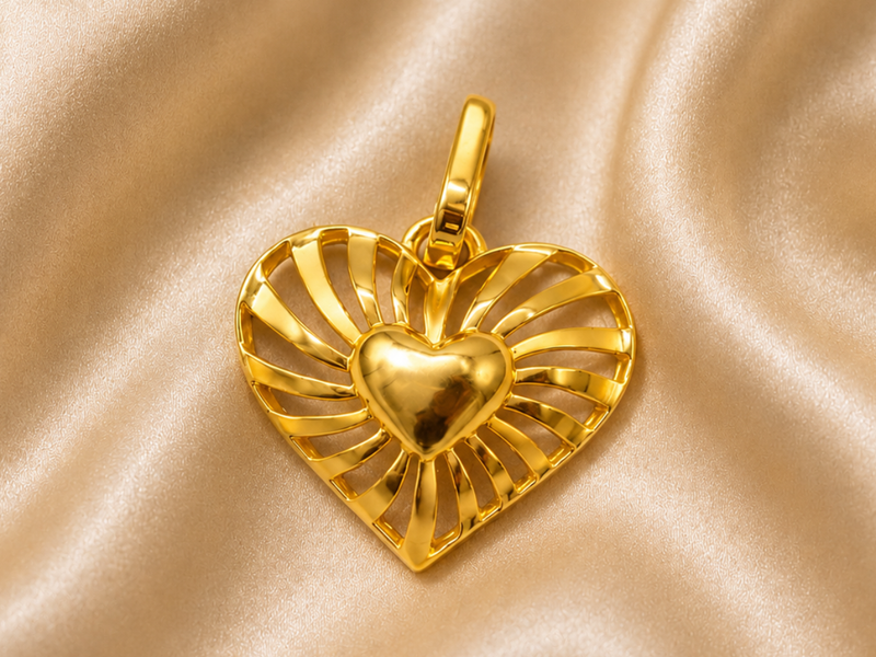 Golden Sunburst Puffed Heart Pendant