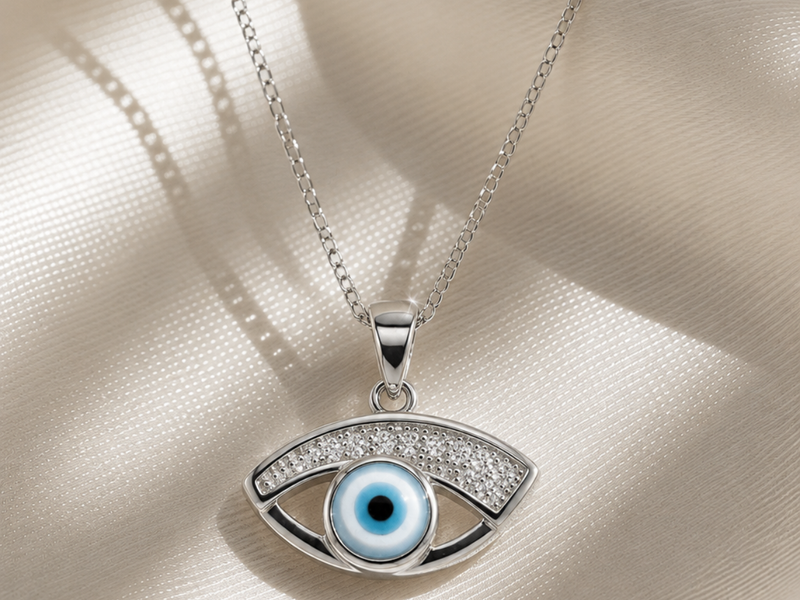 Silver Wide Pave Evil Eye Pendant