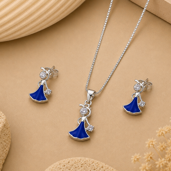 Silver Blue Fan Drop Pendant & Earring Set