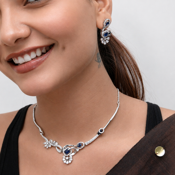 Silver Blue Stone Floral CZ Necklace Set
