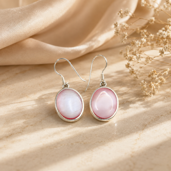 Silver Pink Shell Oval Drop Earrings