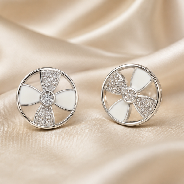 Silver White Enamel Pinwheel Disc Studs