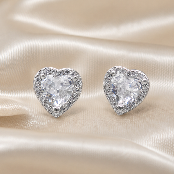 Silver Heart CZ Halo Studs