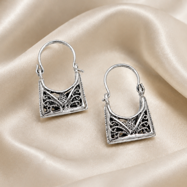 Oxidised Silver Filigree Potli Hoop Earrings