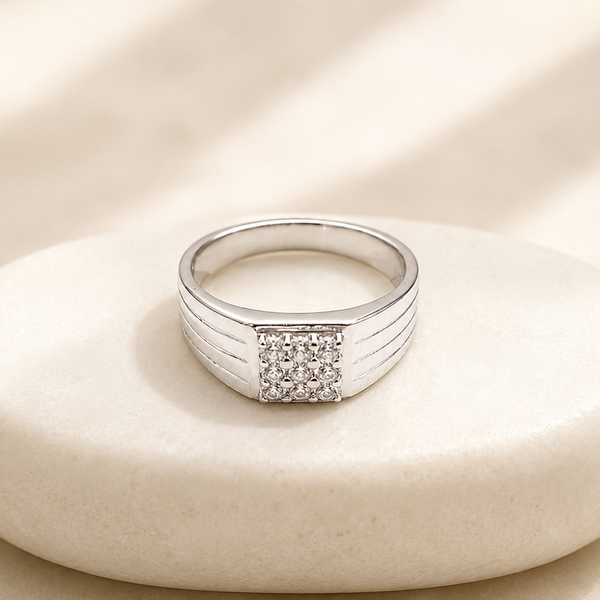 Silver Men's Square Pave Panel Ribbed Ring