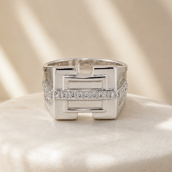 Silver Men's Geometric Openwork CZ Ring