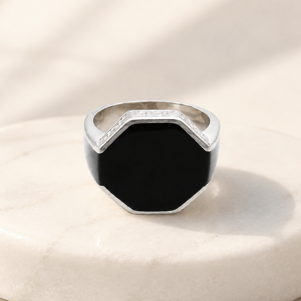 Silver Men's Black Onyx Octagon Signet Ring
