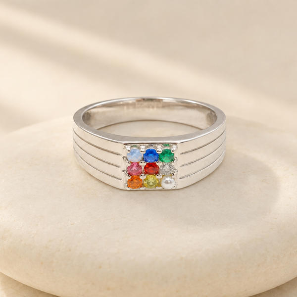 Silver Men's Navratna Multicolour Stone Ring