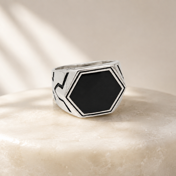 Silver Men's Black Hexagon Signet Ring