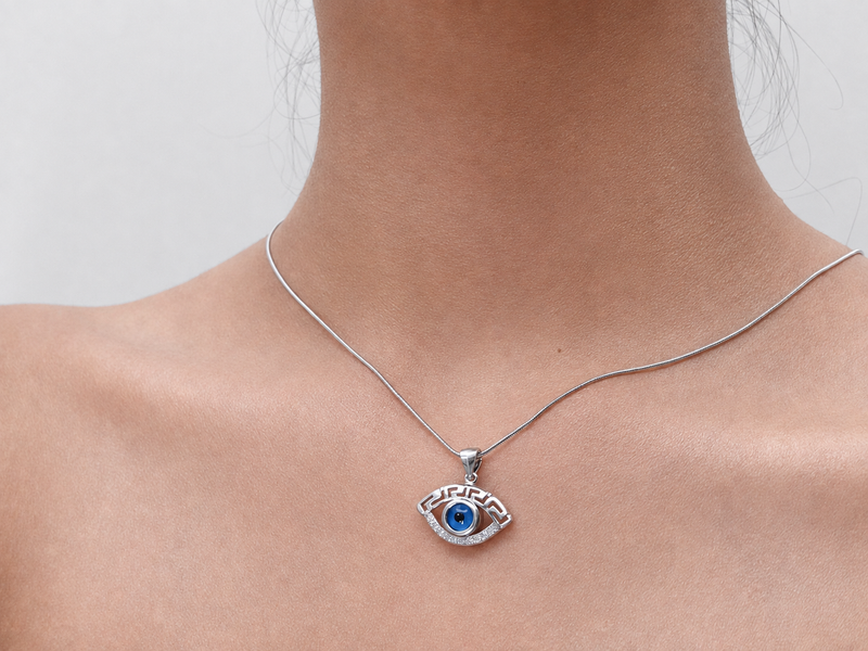 Silver Greek Key Evil Eye Pendant