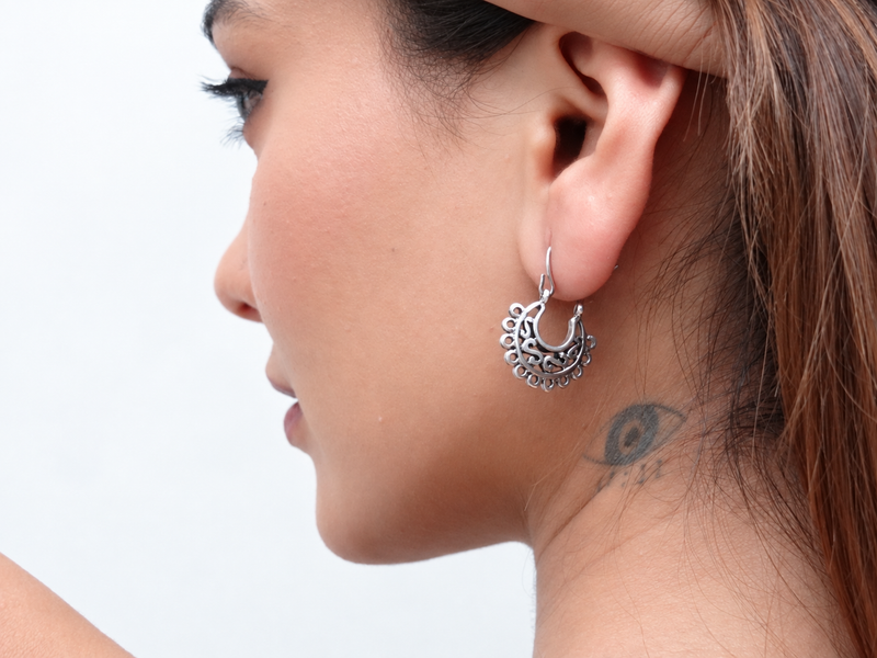 Oxidised Silver Beaded Filigree Bali Hoops – view 3
