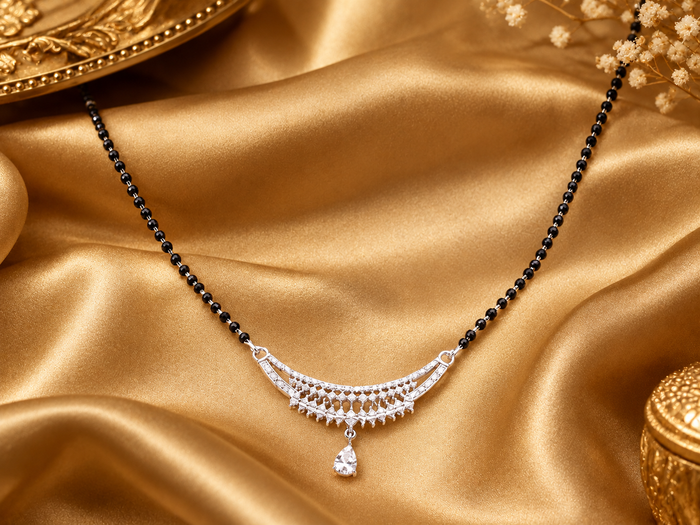 Silver CZ Fan Pendant Drop Mangalsutra