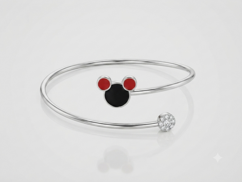 Silver Red & Black Enamel Mouse Kids Cuff Bracelet