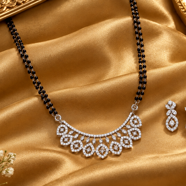 Silver CZ Scalloped Arc Bib Mangalsutra