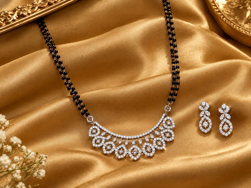 Silver CZ Scalloped Arc Bib Mangalsutra