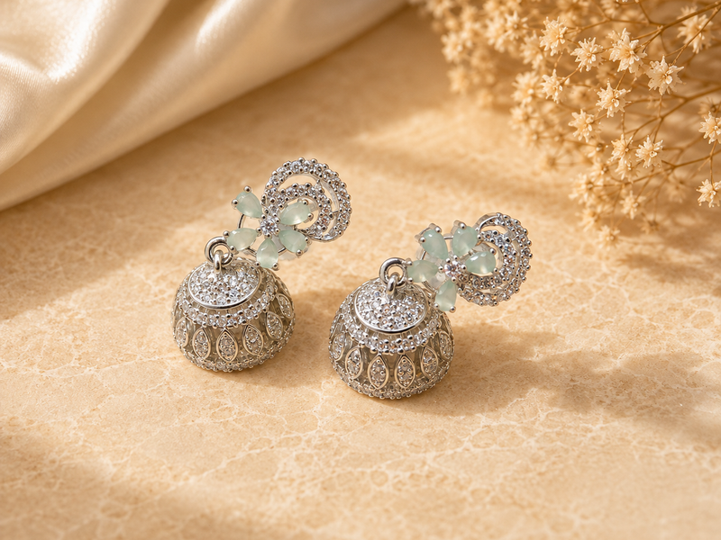 Silver Flower Swirl Pave Jhumkas