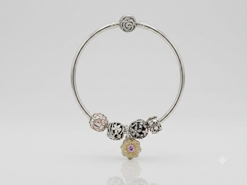 Silver Charm Bead Bangle Bracelet