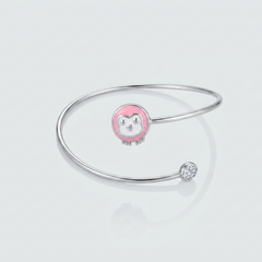 Silver Pink Enamel Animal Face Kids Cuff Bracelet