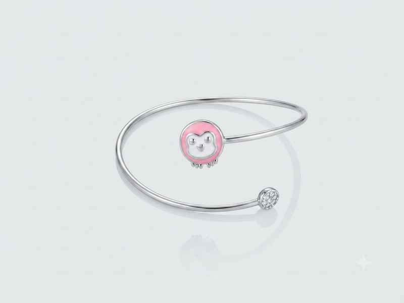 Silver Pink Enamel Animal Face Kids Cuff Bracelet